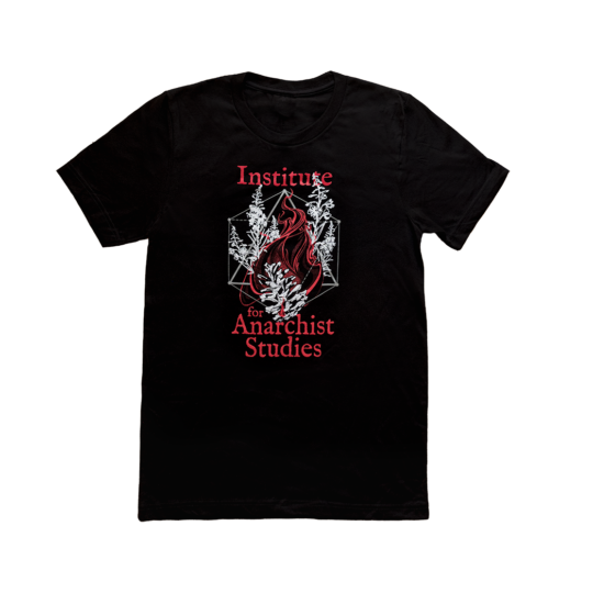 Image of a black shirt with the Institute for Anarchist Studies Resilience design, on a white background