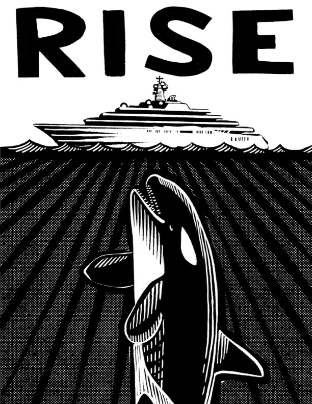 A giant orca, or killer whale, rises straight up from the depths of the ocean, targeting the hull of a cruise boat, ship, or yacht liner. The word “RISE” is in large bold letters at the top of this black and white image.