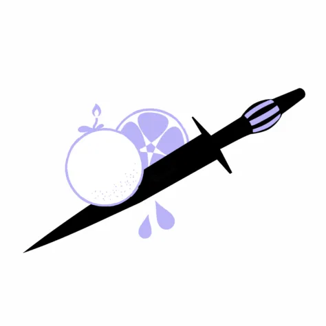 A logo with a black knife slicing through a purple fruit