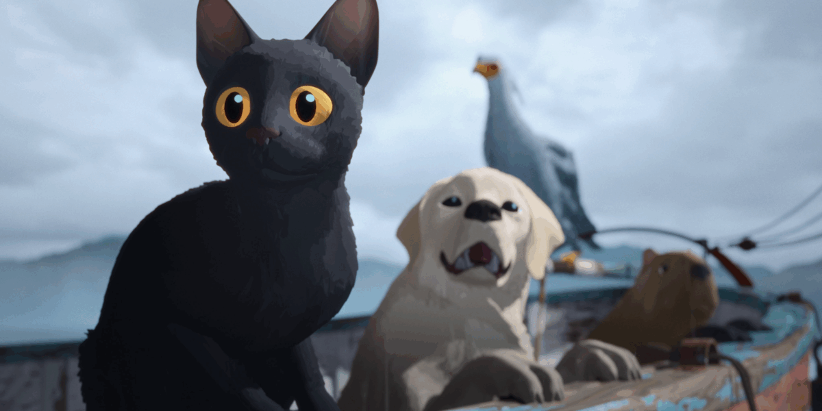 A still from an animated movie. There is a small black cat with big yellow eyes, a golden retriever, and a beaver sitting in a small boat with a seagull perched on it